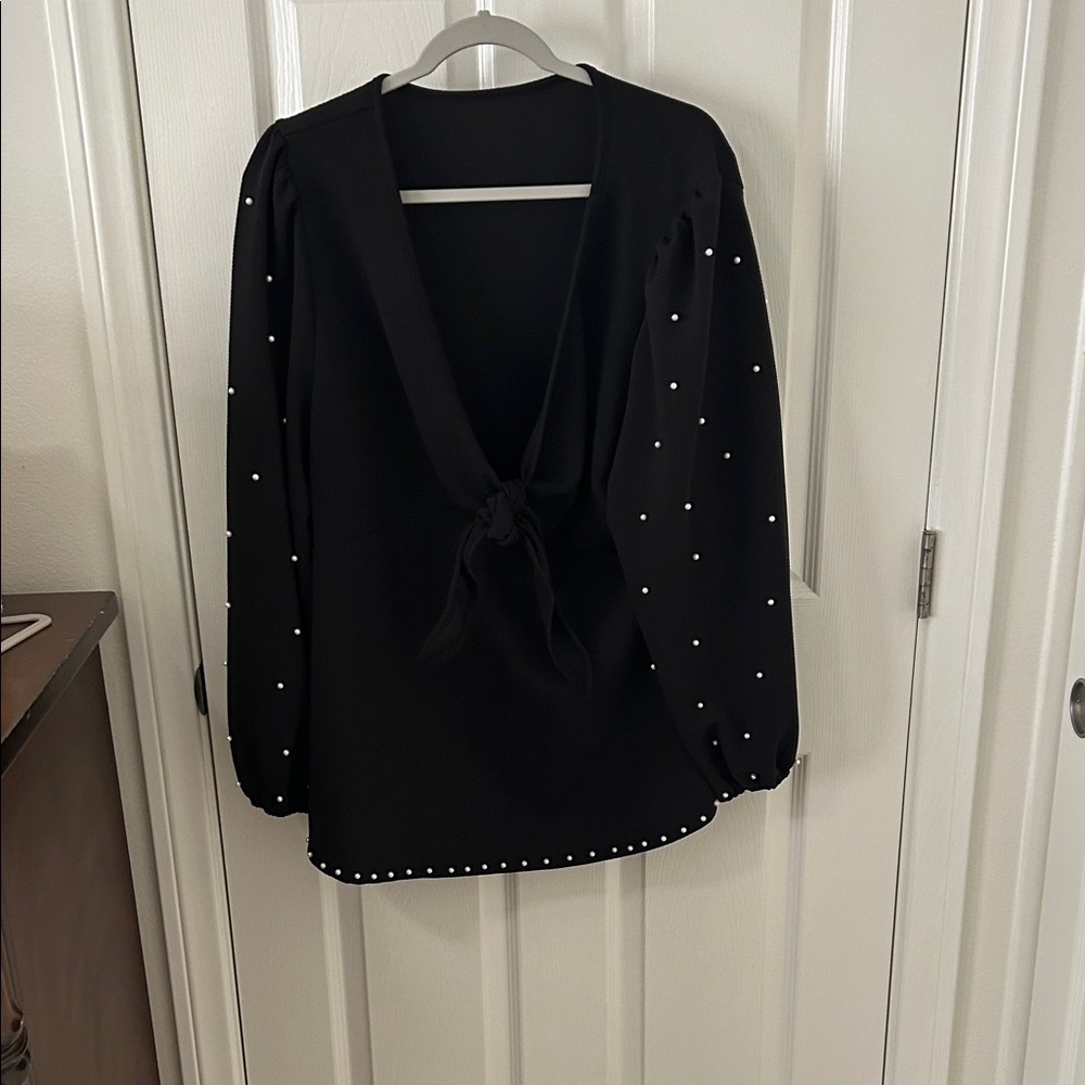Shein Elegant Black Pearl-Embellished Tie Front Women's Top, Size 3XL, NWOT